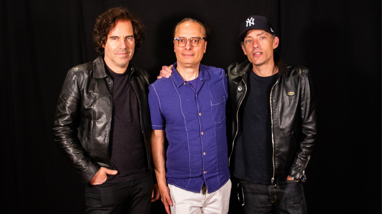 Andrew Slater, Paul Cavalconte and Jakob Dylan in Studio A (photo by Jim O'Hara/WFUV)