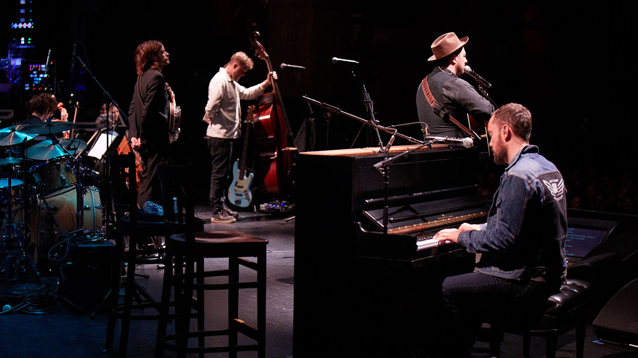 Mumford &amp; Sons at Holiday Cheer for FUV 2019 (photo by Gus Philippakis, WFUV)