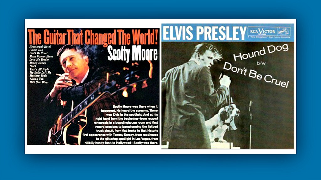 Album and single covers from Elvis Presley and Scotty Moore