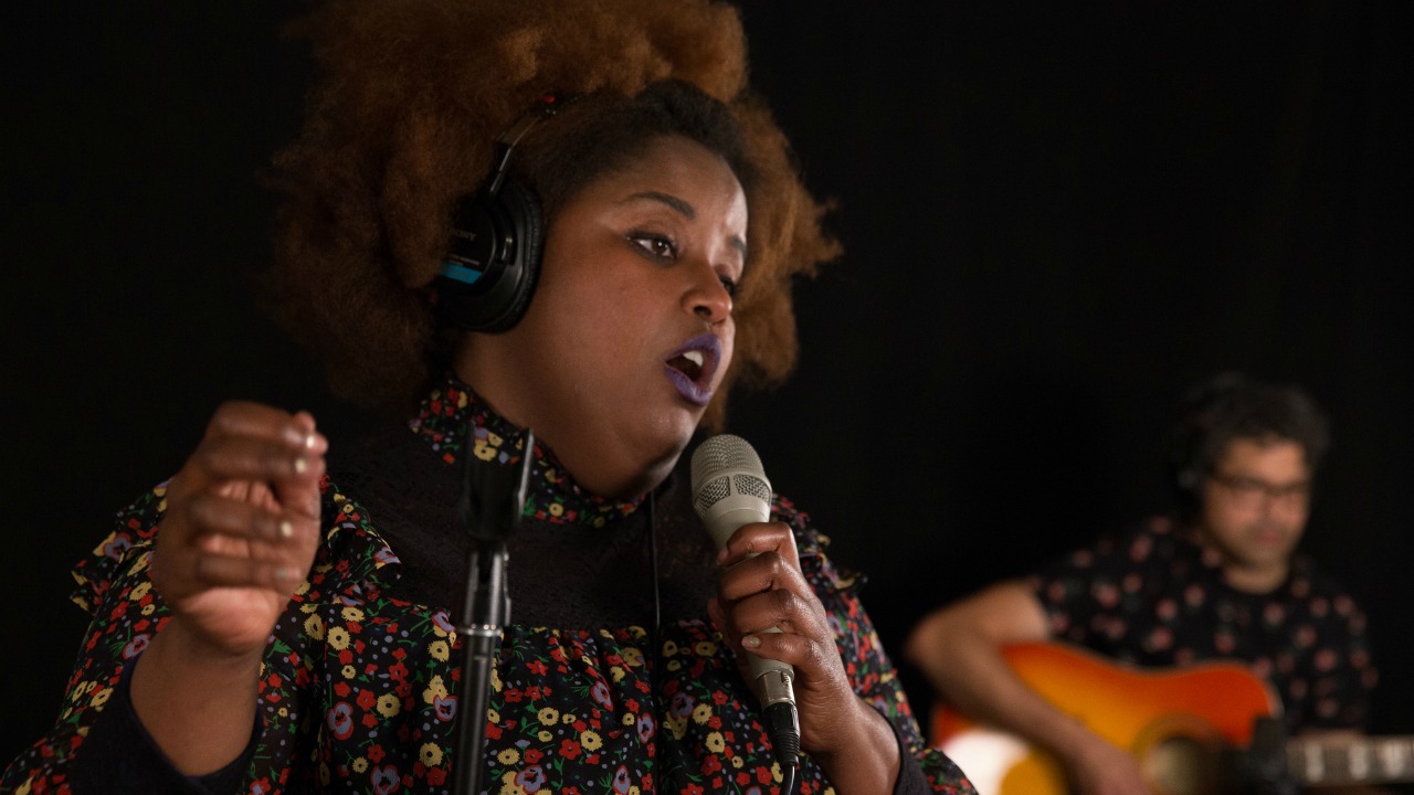 The Suffers' Kam Franklin in Studio A (photo by Brian Gallagher/WFUV)