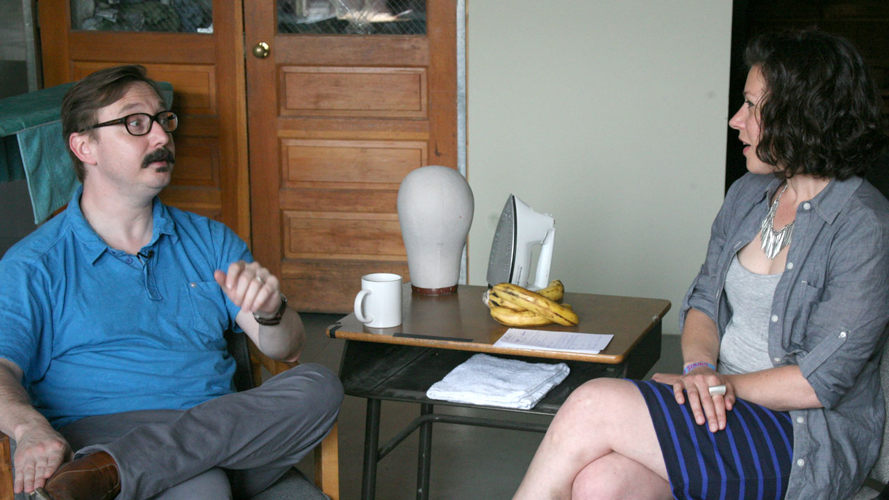 Comedian/actor/concert host John Hodgman talks with Carmel Holt backstage at Solid Sound. Photo by Laura Fedele/WFUV