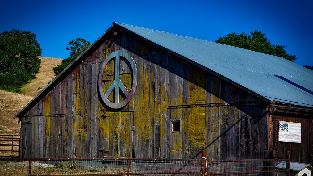 barn with peace sign