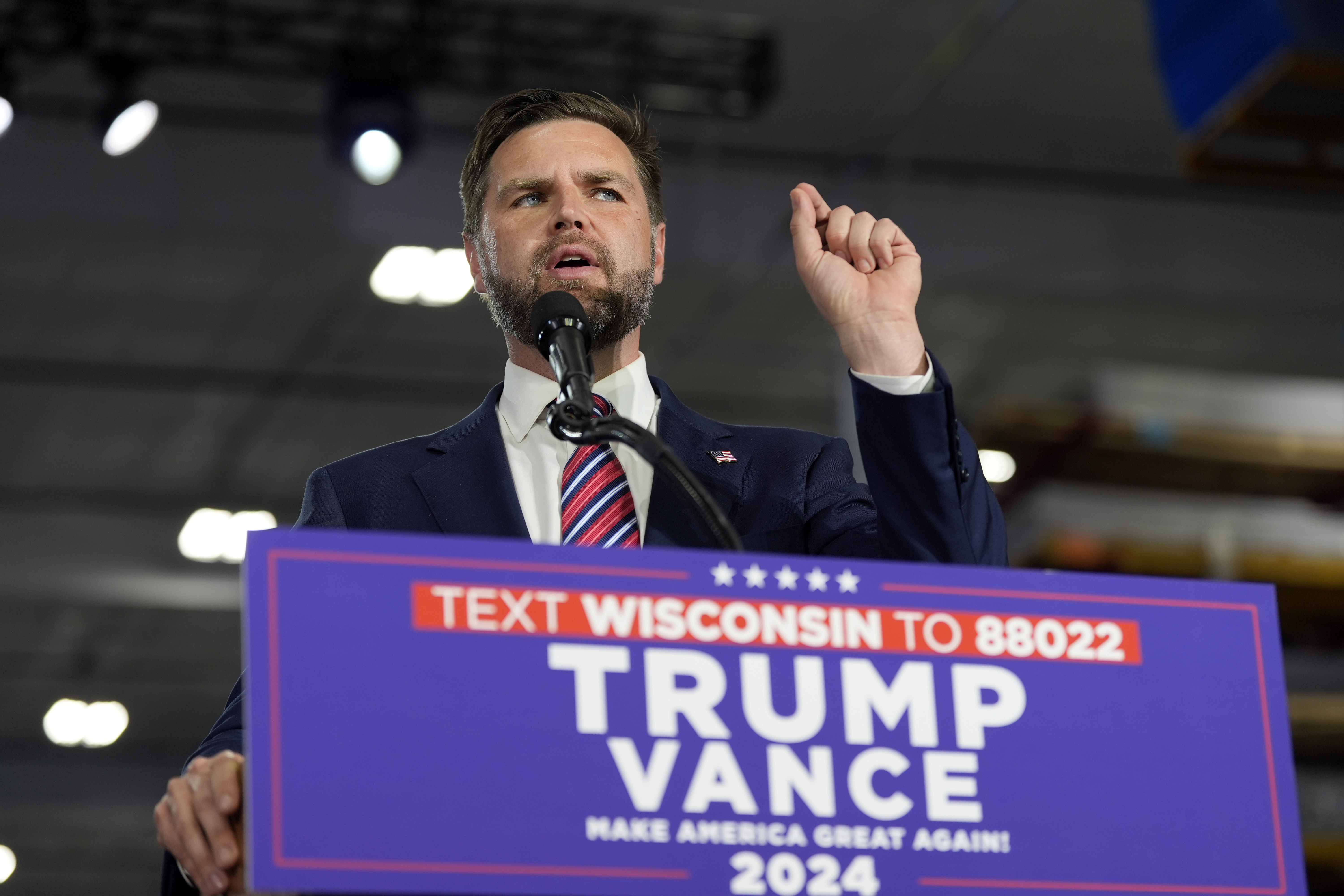 Republican vice presidential nominee Sen. JD Vance, R-Ohio, speaks at a campaign event Wednesday, Aug. 28, 2024, in DePere, Wis.