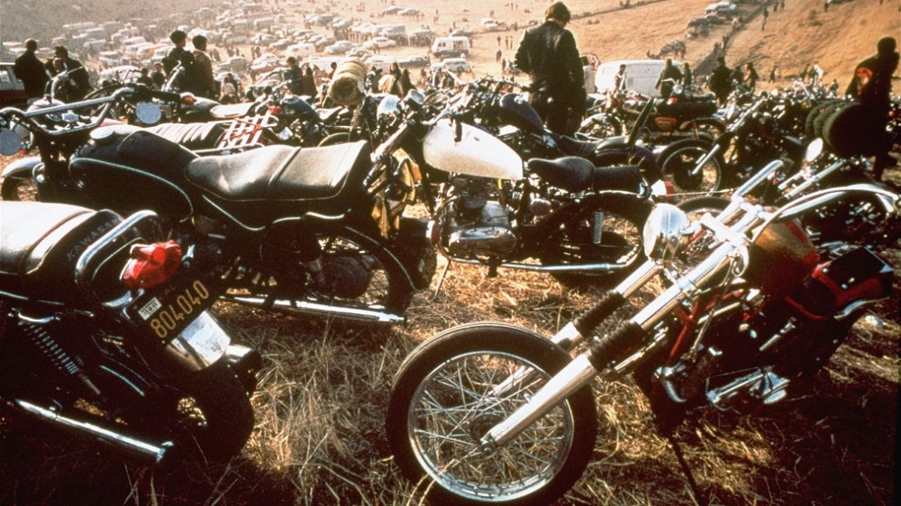 Motorcycles crowd the field at the infamous &quot;Gimme Shelter&quot; rock concert featuring the Rolling Stones. A fan was stabbed to death by a member of the Hells Angels motorcycle club, December 8, 1969 at the Altamont Speedway in Livermore, Calif. (AP Photo)