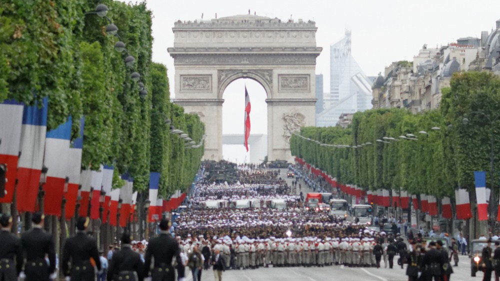Bastille Day 2014 military parade on the Champs-Élysées in Paris. Color guards.