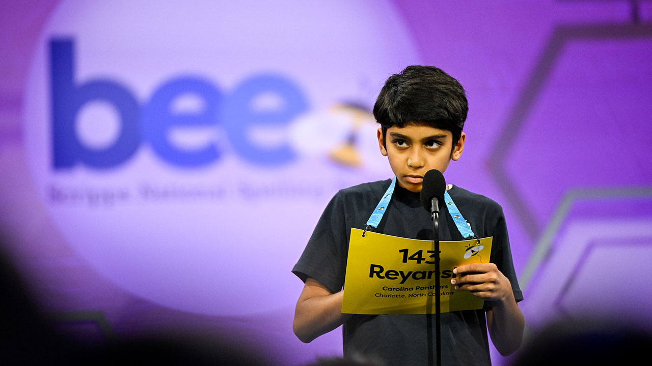 Speller 143, Reyansh Joshi of Charlotte, NC representing Carolina Panthers competes in the Preliminaries of the 2023 Scripps National Spelling Bee in National Harbor, MD on Tuesday, May 30, 2023. ph: E. M. Pio Roda / Scripps National Spelling Bee.