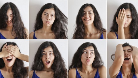 multiple images of a woman various expressions